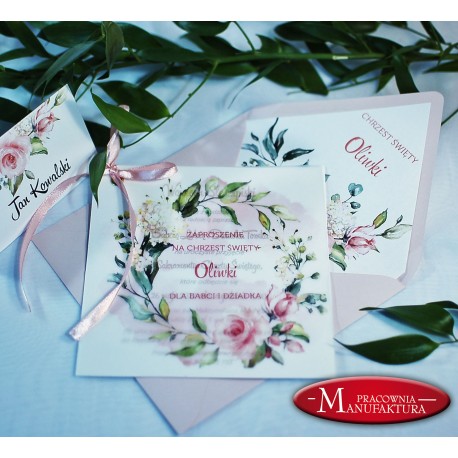 złocone zaproszenia na chrzest z kalką