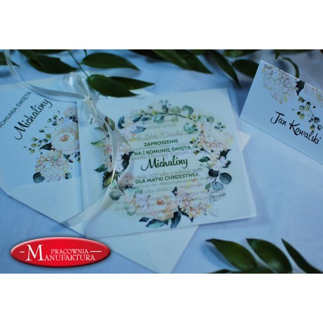 złocone zaproszenia na komunię z kalką