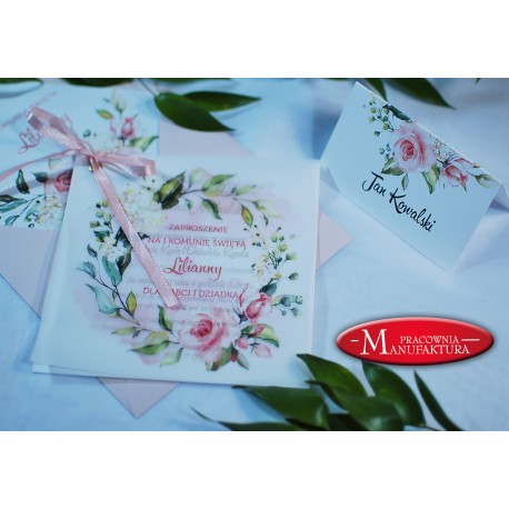 złocone zaproszenia na komunię z kalką