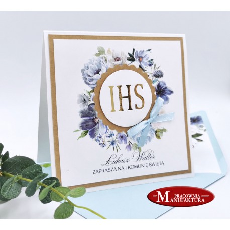 kwiatowe zaproszenia na komunię z hostią blue flower