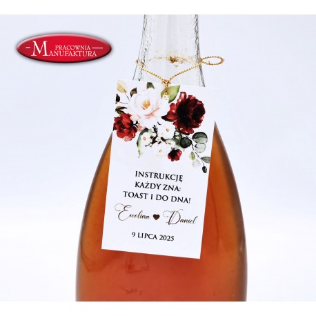 zawieszki na butelki, alkohol weselny pudrowy róż i bordo -  Sweet Rose
