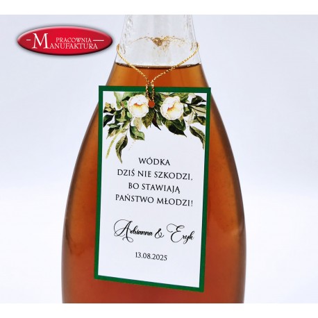zawieszki na butelki, alkohol weselny białe kwiaty- White Flower