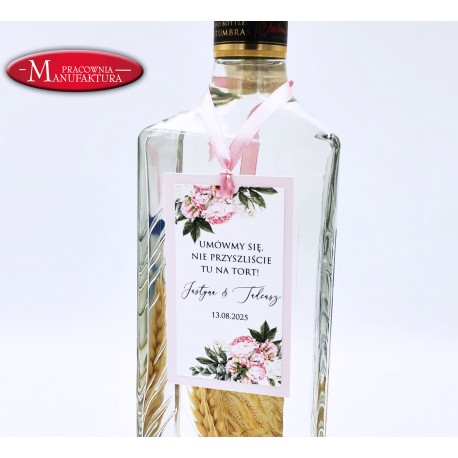 zawieszki na butelki, alkohol weselny różowe piwonie i bez - Pink Peonies