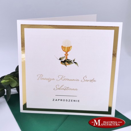 złocone zaproszenia na komunię