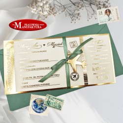 złocone zaproszenie na ślub karta pokładowa boarding pass bilet lotniczy