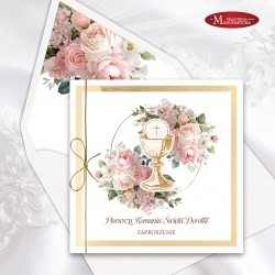Rustykalne zaproszenia komunijne z kielichem, pink peonies