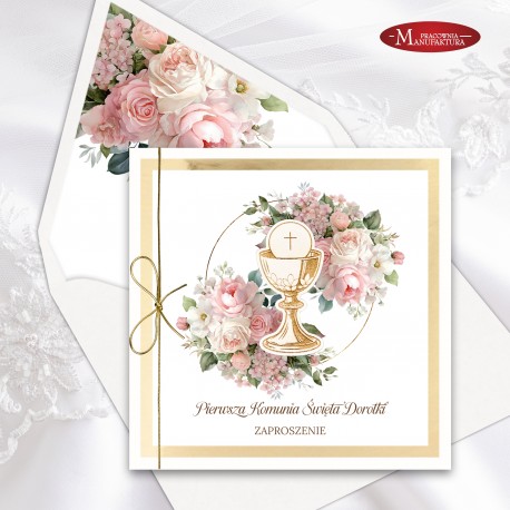 Rustykalne zaproszenia komunijne z kielichem, pink peonies