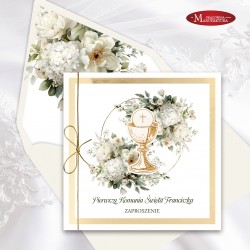 Rustykalne zaproszenia komunijne z kielichem,  white flowers