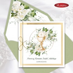Rustykalne zaproszenia komunijne z kielichem, white freesia