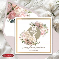Rustykalne zaproszenia komunijne z kielichem, pink peonies