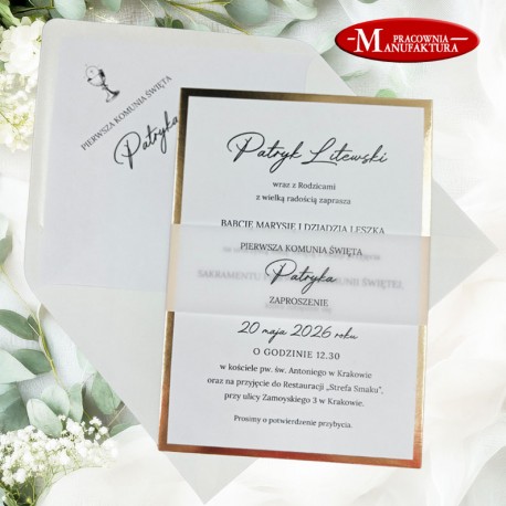 minimalistyczne zaproszenia z opaską z pergaminu na komunię, chrzest