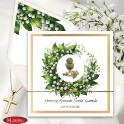 Eleganckie zaproszenia komunijne z kielichem, medalik
