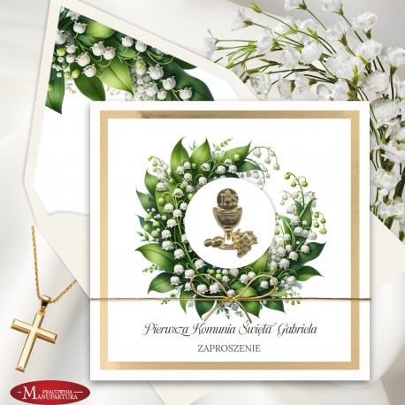 Eleganckie zaproszenia komunijne z kielichem, medalik