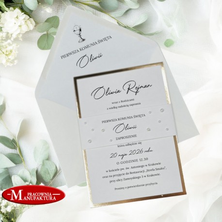 minimalistyczne zaproszenia z perełkami na komunię, chrzest