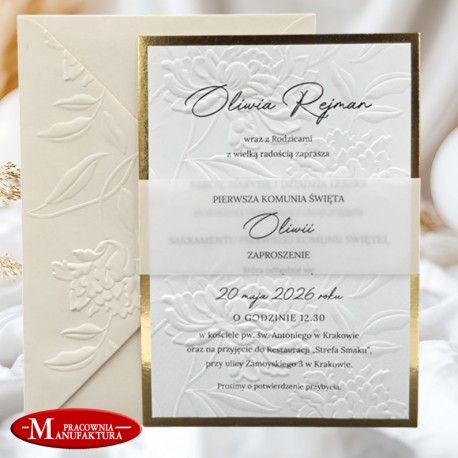 eleganckie zaproszenia z wytłoczonym motywem piwonii na komunię, chrzest