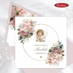 urocze zaproszenia na chrzest z aniołkiem dla dla dziewczynki