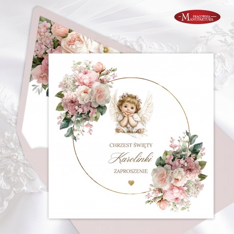 urocze zaproszenia na chrzest z aniołkiem dla dla dziewczynki
