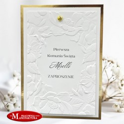 eleganckie zaproszenia z wytłoczonym motywem kwiatowym na komunię, chrzest
