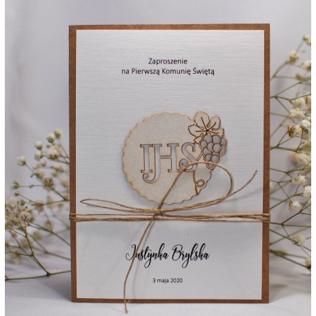 rustykalne zaproszenie na komunię z kielichem